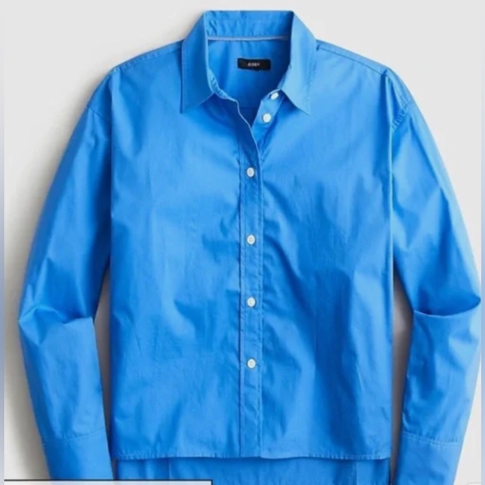J. Crew Relaxed-Fit Cropped Organic Cotton Poplin Shirt Blue Button Up. NWT